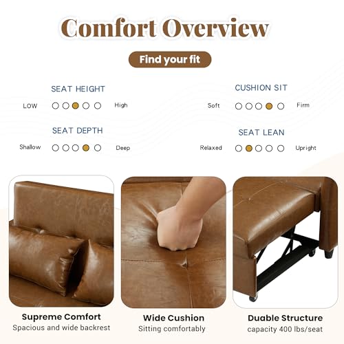 Love Seat Sleeper Bed, Pull Out Couch Bed with USB Charging Ports, 3 in 1 Faux Leather Loveseat Sleeper Sofa Bed, Pull Out Sofa Bed with Adjustable Backrest for Living Room, Bedroom, Apartment-Brown Heliodeck