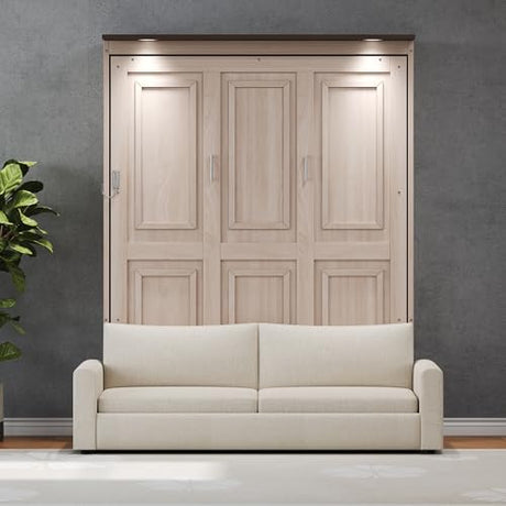 Merax Queen Size Wood Murphy Bed, with Upholstered Sofa Multifunctional Foldable Wall Platform Bedframe for Bedroom Guest-Room, Beige Merax