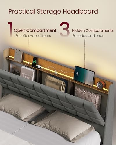 VASAGLE Queen Size Floating Bed Frame with LED Lights, Upholstered Queen Bed Frame with Charging Station, Tufted Storage Headboard, Noise-Free, No Box Spring Needed, Light Gray URMB851G01SV1 VASAGLE