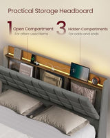 VASAGLE Queen Size Floating Bed Frame with LED Lights, Upholstered Queen Bed Frame with Charging Station, Tufted Storage Headboard, Noise-Free, No Box Spring Needed, Light Gray URMB851G01SV1 VASAGLE