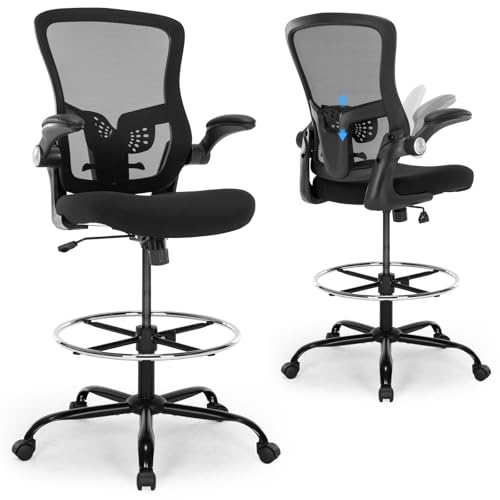 Bondesin Drafting Chair, Ergonomic Tall Office Chair with Lumbar Support Standing Desk Stool with Flip-up Armrests Comfy High Office Desk Chair with Adjustable Foot Ring for Counter Height Desk, Black Bondesin