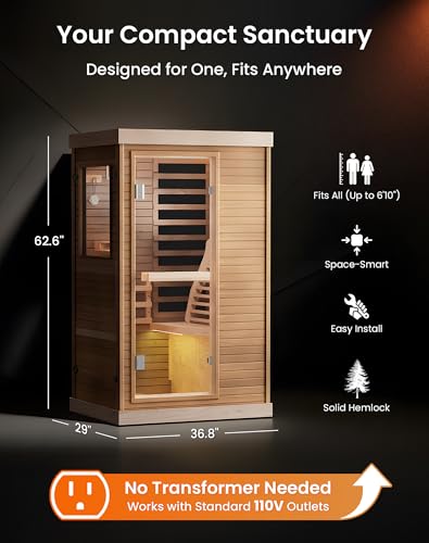 PAETA Infrared Sauna | 1-Person Indoor Dry Sauna with 5 Carbon Heaters | Fast & Even Heating Low EMF | Bluetooth & Chromotherapy for Home Sauna(Wooden) PAETA