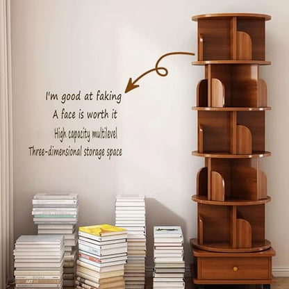 TruRim 360° Rotating Five-Tier Bookshelf for Small Spaces - Stylish Wooden Storage Tower - WoodArtSupply