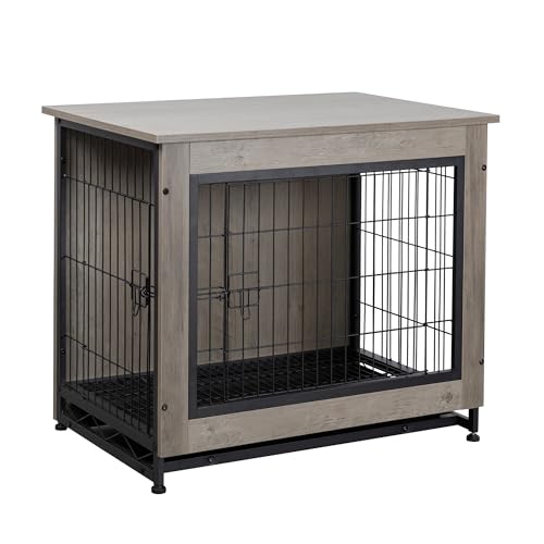 Shintenchi Wooden Dog Crate Furniture, Double-Doors Kennel Indoor with Removable Tray, End Table Dog Crate for Decoration, 27" L*20" W*24" H, Grey - WoodArtSupply