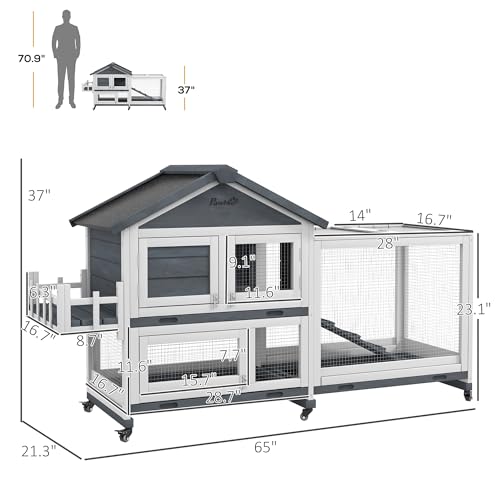 PawHut 65" Wooden Rabbit Hutch, Guinea Pig Hutch, Pet Playpen with Openable Roof, Bunny House Enclosure with Wheels, Storage Box, Slide-Out Tray, Ramp for Small Animals, Gray PawHut