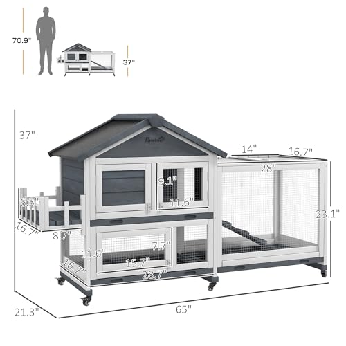 PawHut 65" Wooden Rabbit Hutch, Guinea Pig Hutch, Pet Playpen with Openable Roof, Bunny House Enclosure with Wheels, Storage Box, Slide-Out Tray, Ramp for Small Animals, Gray - WoodArtSupply