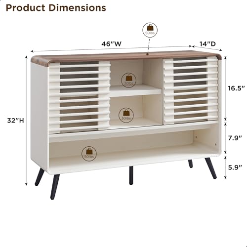 RedLemon 46" Entryway Table, Mid Century Modern Console Table with Slatted Sliding Door, Storage Shelf Wood Sofa Table Behind Couch for Hallway, Living Room, Foyer, Antique White RedLemon