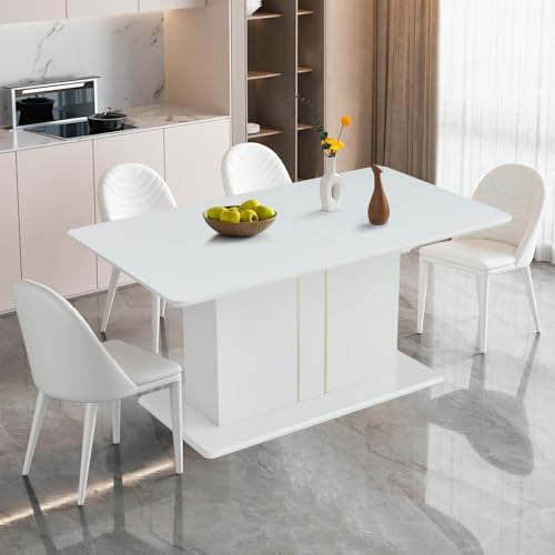 Homy Casa White High Gloss Extendable Dining Table with Black PU Chairs for 6-8 Persons, 63-80.7" Contemporary Wooden Table Set for Dining Room, Conference Room, Reception Area, White (Table) Homy Casa