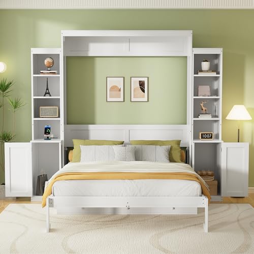 PVWIIK Queen Size Murphy Bed with Desk & Charging Station,Wall Bed Frame Folding into Cabinet Design w/LED & Storage Shelf for Small Space,Bedroom,Guest Room,White PVWIIK