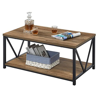 FOLUBAN Rustic Coffee Table with Storage Shelf, Vintage Wood and Metal Cocktail Table for Living Room, Oak - WoodArtSupply