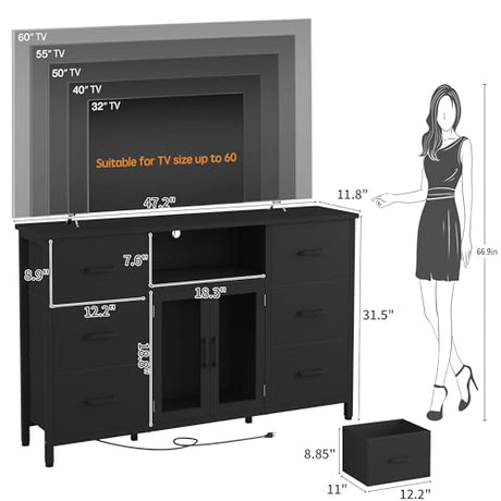 FFBCFDK Black Dresser for Bedroom Dresser TV Stand with Charging Station for 60" TV Long 6 Drawer Dresser for Bedroom with LED Light Large Fabric Dresser Organizer Unit Tall Chest of Drawers for Kids FFBCFDK
