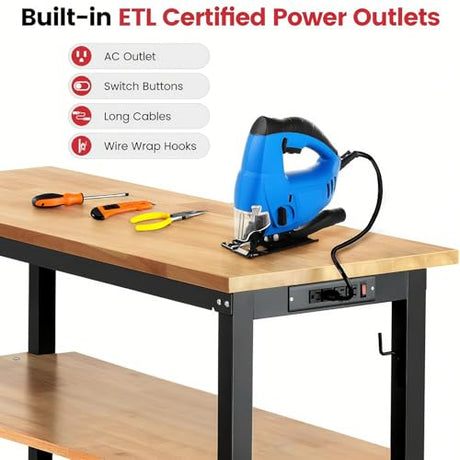 ENJOYWOOD 48 Inch Workbench for Garage Adjustable Height Work Bench with Under Table Shelf Pegboard Power Outlets Work Table for Woodworking, Home, Office, Workshop ENJOYWOOD