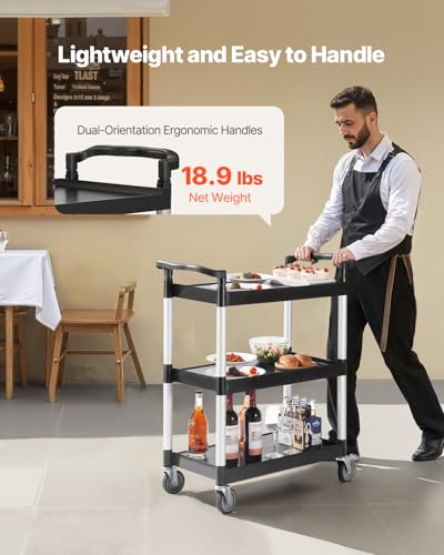 VEVOR Utility Cart, 300 lbs Load Capacity, 3-Tier Utility Plastic Cart with 360° Swivel Wheels (2 with Brakes), 24.4 x 16.1-inch Food Service Cart for Warehouse, Office, Home, Restaurant, Kitchen