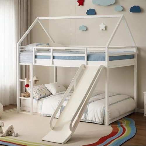 PVWIIK Bunk Bed Full Over Full with Slide for Girls,Boys,Full House Bunk Bed Frame with Guardrail & Ladder,Noise-Free,Easy Assemble,No Box Spring Needed,White PVWIIK