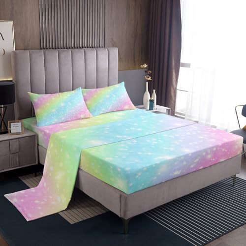 Erosebridal Rainbow Bedding Sets for Girls Kids Teens Tie Dye Pastel Bed Sheet Set King Size Golden Glitter Girly Sweet Sheet Set Abstract Watercolor Art Fitted Sheet + Flat Sheet + 2 Pillow Cases Erosebridal