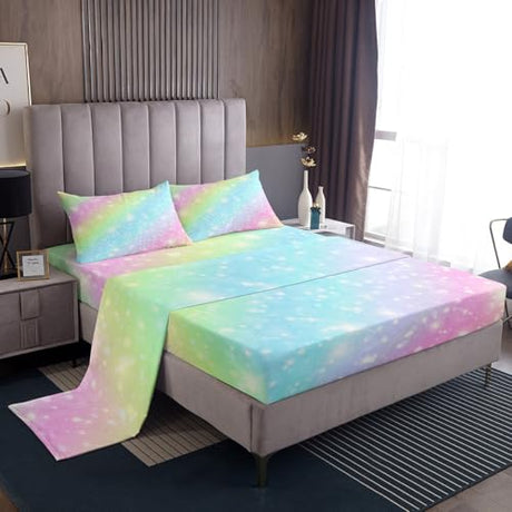 Erosebridal Rainbow Bedding Sets for Girls Kids Teens Tie Dye Pastel Bed Sheet Set King Size Golden Glitter Girly Sweet Sheet Set Abstract Watercolor Art Fitted Sheet + Flat Sheet + 2 Pillow Cases Erosebridal