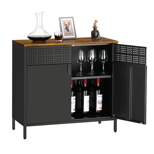 HAND IN HAND Buffet Sideboard Cabinet, Accent Cabinet with Adjustable Shelves, Sideboard Cabinet with Steel Frame, for Living Room, Dining Room, Entryway, Rustic Brown and Black