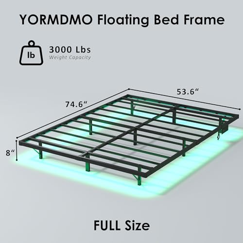 YORMDMO Floating Bed Frame Full Size, Heavy Duty Bedframe with Smart LED Lights & Charging Station, Modern Metal Platform Bed, Easy Assembly No Box Spring Needed, 8 Inch YORMDMO