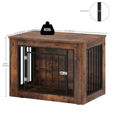 YITAHOME 32.5" L Dog Crate Furniture for Medium Dogs, 2-in-1 Iron-Wood Fusion Dog cage Indoor up to 40 lb, Side End Table, Modern Dogs Kennel with Waterproof Top, Safety Corners,Steel Lock,Rustic YITAHOME