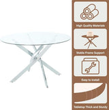 HAIZAO Clear Round Glass Dining Table Set for 4, 5 Piece Circle Kitchen Table Set, 36'' Modern Circular Dining Room Table Set, Minimalist Dining Set, Clear Acrylic Chair, for Small Place (Silver) HAIZAO