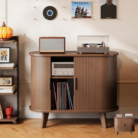 XHSSF Record Player Stand, Midcentury Modern Furniture Turntable Stand with Sliding Doors, Audio-Video Shelving Cabinet, Fluted Media Stand and TV Stand for Living Room, Bedroom (Brown) (Medium) XHSSF