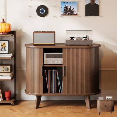 XHSSF Record Player Stand, Midcentury Modern Furniture Turntable Stand with Sliding Doors, Audio-Video Shelving Cabinet, Fluted Media Stand and TV Stand for Living Room, Bedroom (Brown) (Medium)