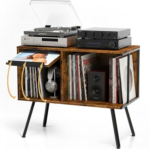 Faesun Flip Top Record Player Stand, Large Record Player Table with Open Storage Holds up to 150+ Albums, Mid Century Turntable Stand, Stereo Cabinet for Speakers, for Living Room, Bedroom, Rustic Faesun
