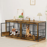 61'' Double Dog Cage Furniture for 2 Dogs, TV Stand Dog Kennel with Adjustable Divider, Heavy Duty Double Dog Crate Furniture Indoor with 4 Bowls, XL Dog Crate End Table for Medium Small Breed, Brown BEURUKU