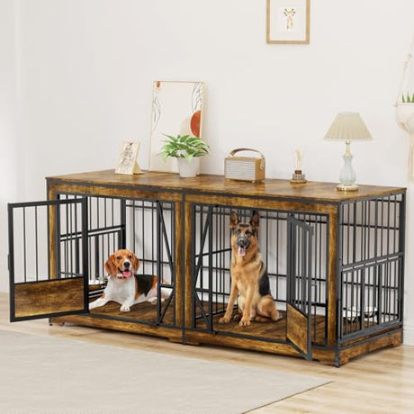 61'' Double Dog Cage Furniture for 2 Dogs, TV Stand Dog Kennel with Adjustable Divider, Heavy Duty Double Dog Crate Furniture Indoor with 4 Bowls, XL Dog Crate End Table for Medium Small Breed, Brown BEURUKU