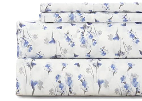 Twin Bed Sheet Set 3PC Printed Light Blue Flower Pattern Cooling 1800 Microfiber with Deep Pocket, Hotel Luxury, Soft, Breathable, Hypoallergenic, Wrinkle Free, Single Bedding for Kids, College Dorm KACEMOO