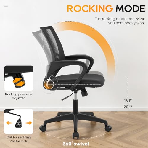 BestOffice | Ergonomic Office Chair | Mid-Back Swivel Desk Chair | Breathable Backrest & Lumbar Support | Adjustable Height | Sponge Seat | Rolling Wheels | Dark Black | for Adults & Women BestOffice