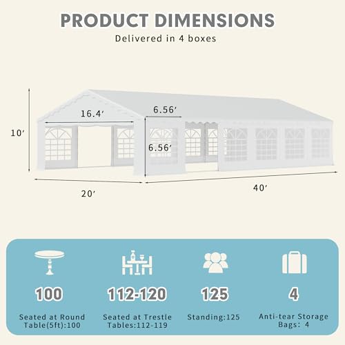 EROMMY 20x40ft Party Tent, Outdoor Wedding Heavy Duty Large Canopy Carport with Removable Sidewalls, 2 Roll-up Doors, 4 Storage Bags, Gazebo Shelter Tent for Party Event Commercials, White EROMMY
