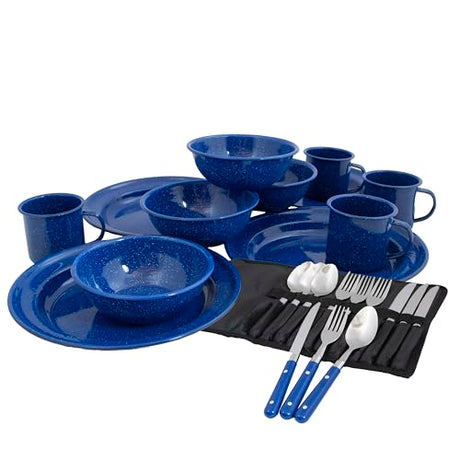 Alpine Mountain Gear 4-Person Blue Enamel Coated Steel Dining Set - Camping Gear Essentials with 4 Mugs, 4 Bowls, 4 Plates & Cutlery Alpine Mountain Gear