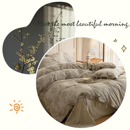 VM VOUGEMARKET Linen Cotton Duvet Cover Set King Retro Monet Flower Bedding Set,Jacquard Yarn-Dyed Textured Comforter Cover with Bowknot-104 x90,Khaki VM VOUGEMARKET
