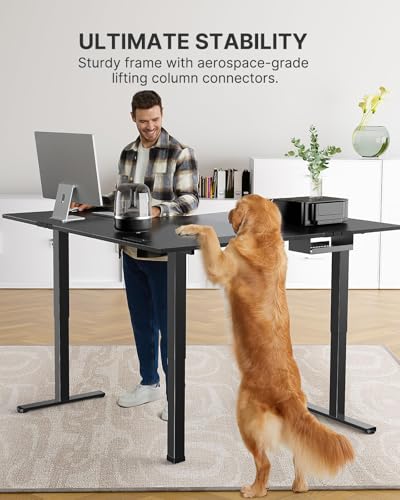 Marsail 63×55 in Electric Corner L-Shaped Standing Desk with 4-in 1 Electical Outlet, Computer Desk with Headphone Hook, Memory Sit Stand up Home Office Table, Ergonomic Gaming Table,Black Marsail