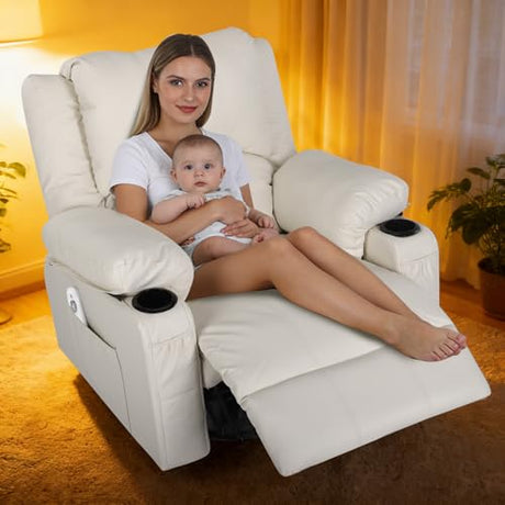 Comermax Faux Leather Rocker Recliner with Heat and Massage Cup Holders, Overstuffed Rocking Recliner Swivel Glider Chair for Nursery Heated Massaging Reclining Chair, Cream White Comermax