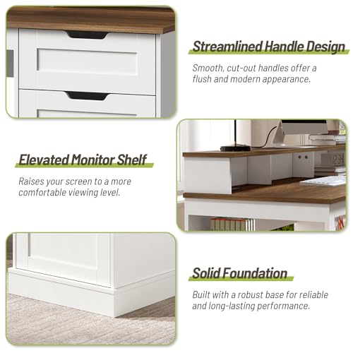 STHYTON 55inch Farmhouse Executive Desk with 2 Drawers and File Cabinet, Computer Desk with 3-Tier Storage Shelves, Home Office Desk with Charging Station, Pegboard and Monitor Shelf, White and Walnut STHYTON