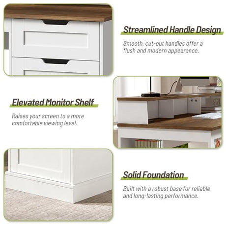 STHYTON 55inch Farmhouse Executive Desk with 2 Drawers and File Cabinet, Computer Desk with 3-Tier Storage Shelves, Home Office Desk with Charging Station, Pegboard and Monitor Shelf, White and Walnut STHYTON