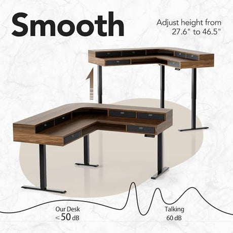 HUANUO Electric L Shaped Standing Desk with 6 Storage Drawers & File Cabinet, 2-Tier Corner Sit Stand Desk with Cable Management Tray, 65.5" × 57.6" Height Adjustable Computer Gaming Table, Walnut HUANUO
