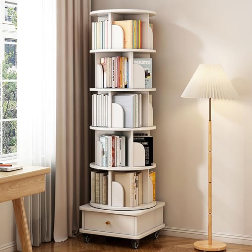 TruRim 360° Rotating Small Space Bookshelf – White Wooden Tower with Six-Tier Storage for Home Use - WoodArtSupply