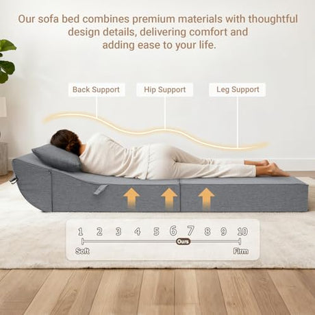 BeBen Folding Sofa Bed Chair, Convertible Sleeper Chair Futon Couch, Foldable Boneless Floor Lounger Sofa, Single Foam Chair Bed for Small Spaces, Dorm, Guest Room, Living Room, Apartment, Grey BeBen