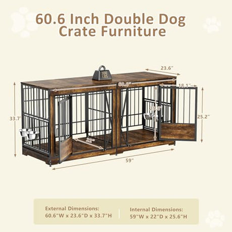 61'' Double Dog Cage Furniture for 2 Dogs, TV Stand Dog Kennel with Adjustable Divider, Heavy Duty Double Dog Crate Furniture Indoor with 4 Bowls, XL Dog Crate End Table for Medium Small Breed, Brown BEURUKU
