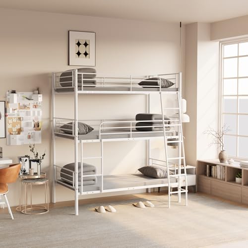 Skipity Sigmo Metal Triple Bunk Bed, Heavy Duty Twin Size Triple Bunk Bed Frame for 3 with Ladder & Guardrail, 3 Bunkbeds for Kids Adults Teens Boys, Bedroom, Dormitory, No Box Spring Need, White Skipity Sigmo