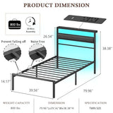 OURPIC Twin Bed Frames for Kids, Metal Platform Bed Frame Twin Size with Charging Station and LED Lights, Upholstered Headboard and Storage Shelf, No Box Spring Needed, Easy Assembly OURPIC