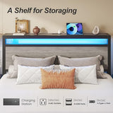 Fluest Queen Bed Frame,Queen Bed Frame with Storage Headboard & 2 Storage Drawer, Charging Station & LED Light, No Box Spring Needed, Noise Free, Easy Assembly, Rustic Grey Fluest