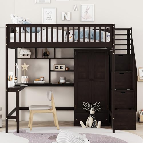 SOFTSEA Espresso Full Size Loft Bed with Desk, Wardrobe, and Storage Steps for Kids - WoodArtSupply