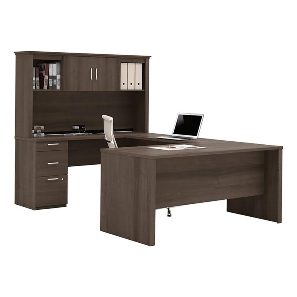 Atlin Designs 66" W x 95.5" D Modern Contemporary U-Shaped Wood Computer Desk with Hutch, for Home Office, Fully Reversible Unit, in Mahogany Finish Atlin Designs
