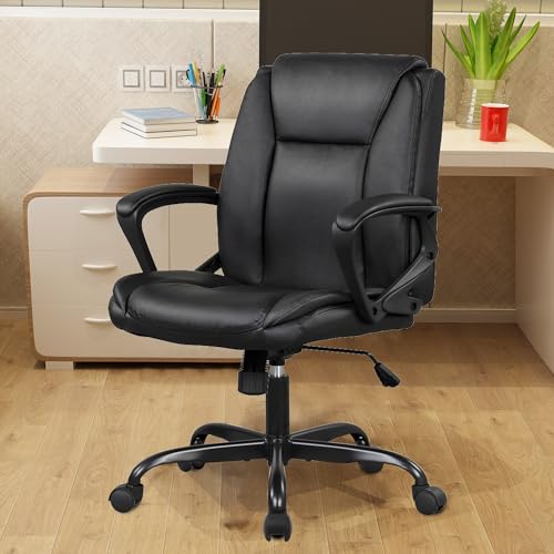 PayLessHere PU Leather Task Chair Home Office Chair Ergonomic Desk Chair with Lumbar Support and Armrests Adjustable Features with Mid Back Swivel Executive Computer Chair (Black) PayLessHere