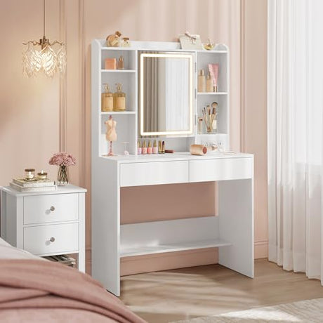 VASAGLE Kailyn Collection - Vanity Desk with Power Outlets, Makeup Vanity with Mirror and Lights, LED Lights, 6 Compartments, 2 Drawers, for Bedroom, Cloud White URDT031WB02S VASAGLE
