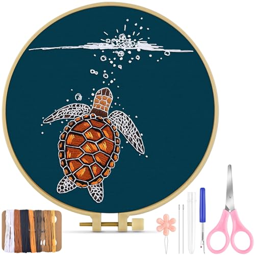TINDTOP Embroidery Kit for Beginners Adult, Turtle Embroidery Practice Kit for Beginners Include Embroidery Cloth Hoops Threads for Craft Lover Hand Stitch with Embroidery Skill Techniques